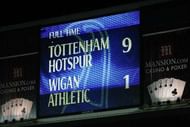 LONDON, ENGLAND - NOVEMBER 22: The scoreboard shows the 9-1 scoreline after the Barclays Premier League match between Tottenham Hotspur and Wigan Athletic at White Hart Lane on November 22, 2009 in London, England. (Photo by Clive Rose/Getty Images)